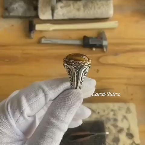 RARE PRINCE by CARAT SUTRA | Unique Designed Turkish Style Ring with Natural Tiger Eye | 925 Sterling Silver Oxidized Ring | Men's Jewelry | With Certificate of Authenticity and 925 Hallmark