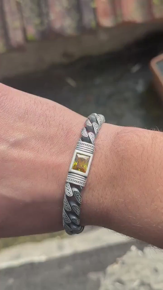 14mm Retro Silver Oxidized Bracelet studded with Original 8ct Citrine Stone| 925 Sterling Silver Bracelet | With Certificate of Authenticity and 925 Hallmark