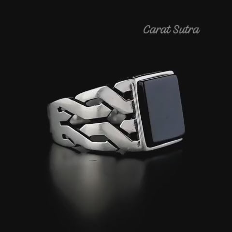 RARE PRINCE by CARAT SUTRA | Unique Turkish Gucci Style Ring with Natural Black Onyx | 925 Sterling Silver Oxidized Ring | Men's Jewelry | With Certificate of Authenticity and 925 Hallmark