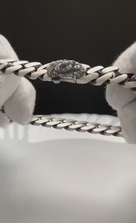 14mm wide Solid. Gunmetal Matt Finish, 925 sterling silver bracelet with Ferocious Lion Face lock, oxidized Cuban design | Sterling Silver Bracelet | With Certificate of Authenticity and 925 Hallmark