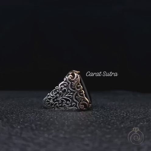 RARE PRINCE by CARAT SUTRA | Unique Turkish Style Ring with Natural Black Onyx | 925 Sterling Silver Oxidized Ring | Men's Jewelry | With Certificate of Authenticity and 925 Hallmark