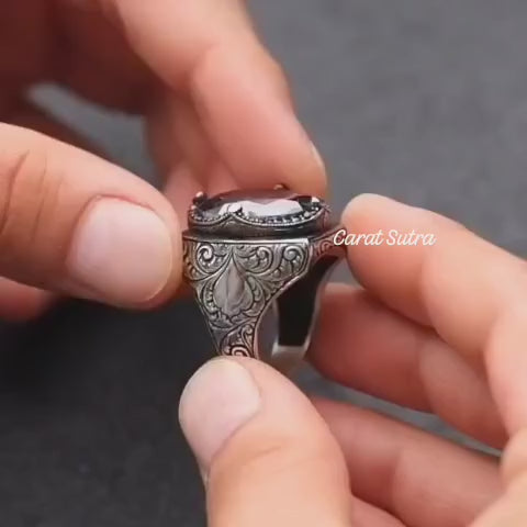 RARE PRINCE by CARAT SUTRA | Custom Name Initials Turkish Style Ring with Multicolored Alexandrite | 925 Sterling Silver Oxidized Ring | Men's Jewelry | With Certificate of Authenticity and 925 Hallmark