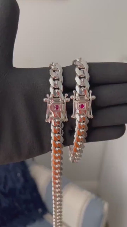 12mm Wide Solid Miami Cuban Link Chain with Ruby stone Lock  | 925 Sterling Silver Chain | Men's Jewelry | With Certificate of Authenticity and 925 Hallmark