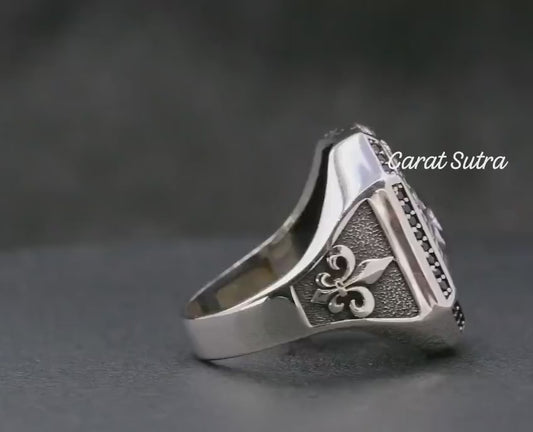 RARE PRINCE by CARAT SUTRA | Unique Design Lion Ring with Illuminati/ Evil Eye Symbol | Oxidized 925 Sterling Silver Ring | Men's Jewelry | With Certificate of Authenticity and 925 Hallmark