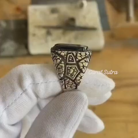 RARE PRINCE by CARAT SUTRA | Unique Designed Turkish Style Ring with Natural Black Onyx | 925 Sterling Silver Oxidized Ring | Men's Jewelry | With Certificate of Authenticity and 925 Hallmark