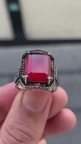 RARE PRINCE by CARAT SUTRA | Unique Handmade Turkish Style Ring Studded with Natural Ruby |  Oxidized 925 Sterling Silver Ring | Men's Jewelry | With Certificate of Authenticity and 925 Hallmark