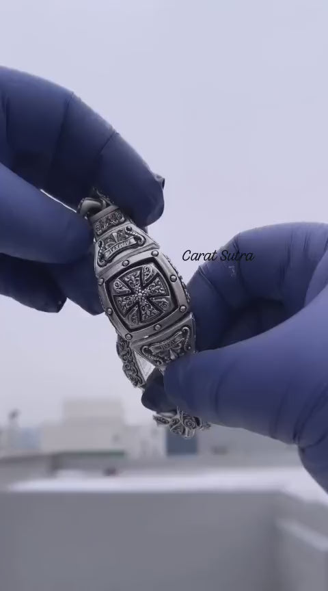 RARE PRINCE by CARAT SUTRA | 16mm Wide Solid Floral Textured Watch Shape Cross Miami Cuban Link With Artistic Cross Bracelet | Oxidised 925 Sterling Silver Bracelet | Men's Jewelry | With Certificate of Authenticity and 925 Hallmark