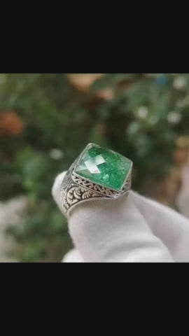 Tilted Square Designed Turkish Style Ring with Natural Emerald | 925 Sterling Silver Oxidized Ring | With Certificate of Authenticity and 925 Hallmark