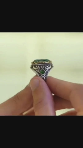 Unique Designed Turkish Style Ring with 8.5ct Natural Emerald | 925 Sterling Silver Oxidized Ring | With Certificate of Authenticity and 925 Hallmark