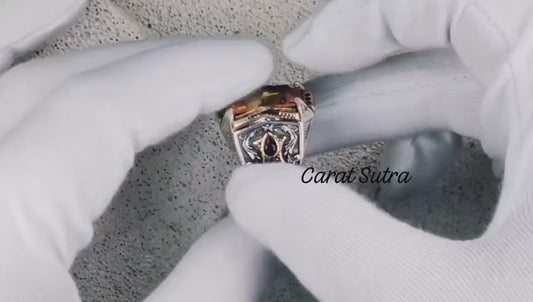 RARE PRINCE by CARAT SUTRA | Unique Designed Turkish Style Heavy Ring with Natural Yellow Citrine | 925 Sterling Silver Oxidized Ring | Men's Jewelry | With Certificate of Authenticity and 925 Hallmark
