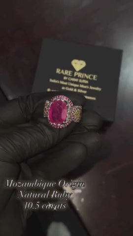 RARE PRINCE by CARAT SUTRA | Unique Designed Turkish Style Heavy Ring with Natural Red Ruby | 22kt Gold Micron Plated 925 Sterling Silver Oxidized Ring | Men's Jewelry | With Certificate of Authenticity and 925 Hallmark
