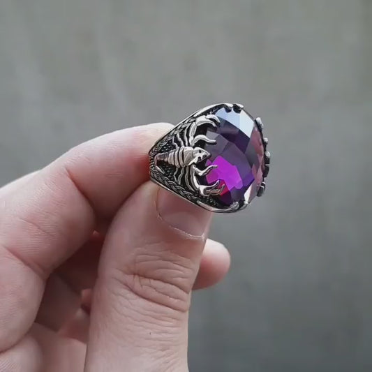 RARE PRINCE by CARAT SUTRA | Unique Turkish Style Scorpion Ring with Faceted Purple Amethyst | 925 Sterling Silver Oxidized Zodiac Ring | Men's Jewelry | With Certificate of Authenticity and 925 Hallmark