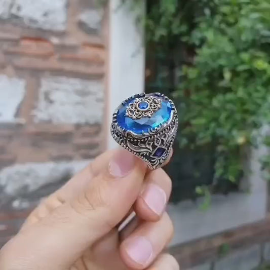 RARE PRINCE by CARAT SUTRA | Unique Designed Turkish Style Ring with Blue Topaz Stone | 925 Sterling Silver Oxidized Ring | Men's Jewelry | With Certificate of Authenticity and 925 Hallmark