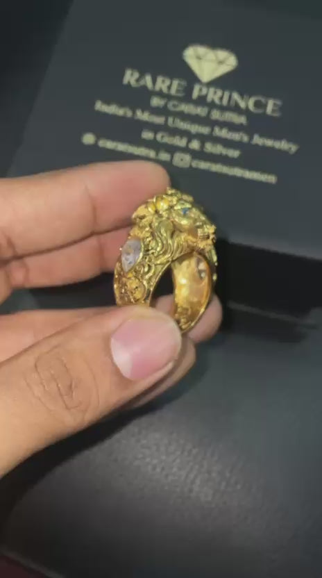 RARE PRINCE by CARAT SUTRA | Unique Designed 22k Gold Plated 3D Lion face Ring with Blue Eyes | 925 Sterling Silver Oxidized Ring | Men's Jewelry | With Certificate of Authenticity and 925 Hallmark