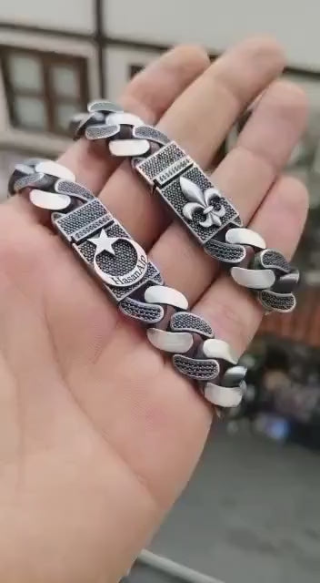 16mm wide Unique Fleur-De-Lis Black Iced Cuban Link Bracelet for Men | Dark Oxidized 925 Silver Bracelet | Men's Jewelry | With Certificate of Authenticity and 925 Hallmark