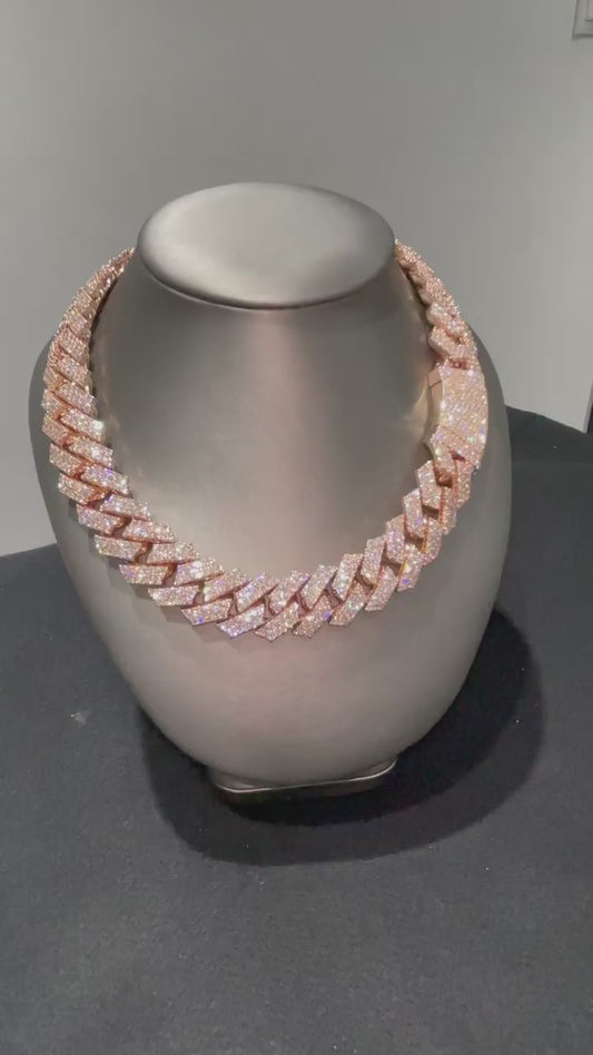 RARE PRINCE by CARAT SUTRA | 18mm Wide Solid Miami Cuban Link Chain Studded WITH VVS Moissanite| 22kt Rose Gold Micron Plated 925 Sterling Silver Chain | Men's Jewelry | With Certificate of Authenticity and 925 Hallmark