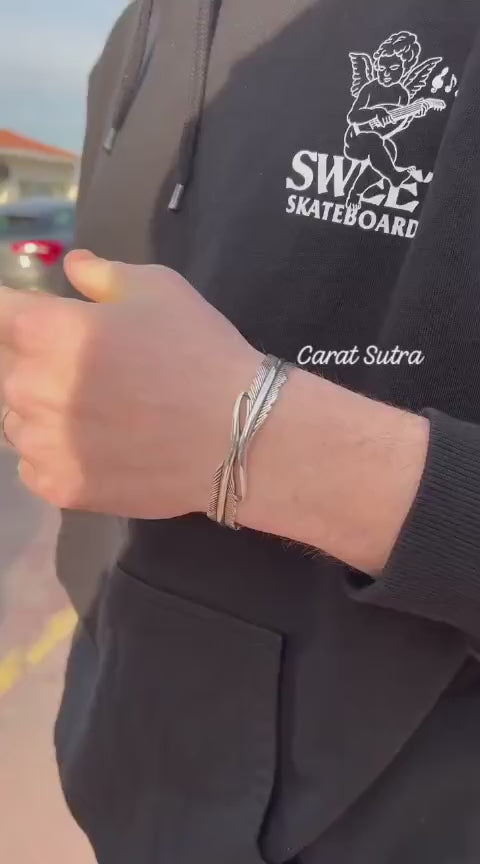 RARE PRINCE by CARAT SUTRA | Unique Adjustable Feather Style Bangle/kadaa/Handcuff for Men & Boys | 925 Sterling Silver Bracelet | Men's Jewelry