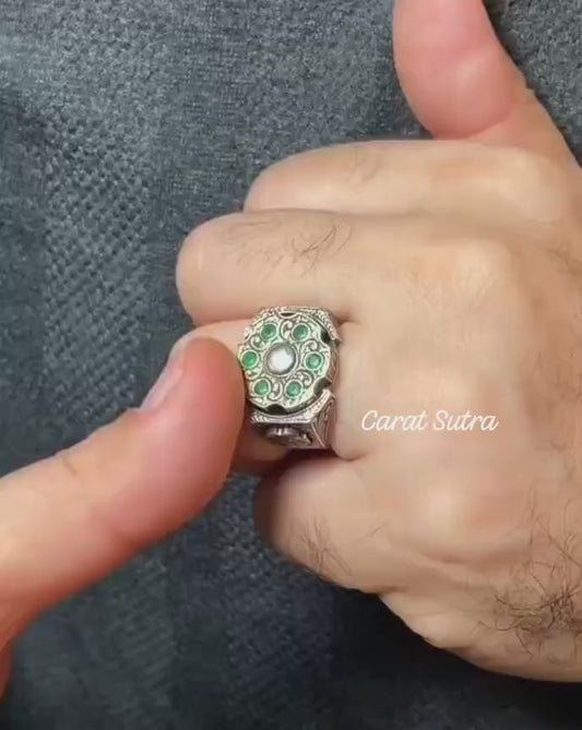 RARE PRINCE by CARAT SUTRA | Unique Designed Turkish Style Ring with 6 Stone Emerald Ring | 925 Sterling Silver Oxidized Ring | Men's Jewelry | With Certificate of Authenticity and 925 Hallmark