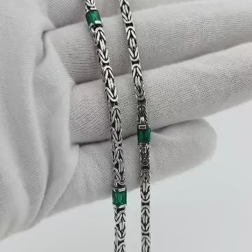 Solid 8mm Byzantine Link Chain, studded with Green Zircon baguette cut | 925 Sterling Silver Chain | With Certificate of Authenticity and 925 Hallmark