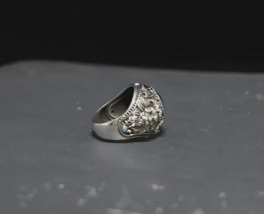 Double Faced Lion Ring with Original Blue Sapphire Stone | 925 Sterling Silver Oxidized Ring |  With Certificate of Authenticity and 925 Hallmark