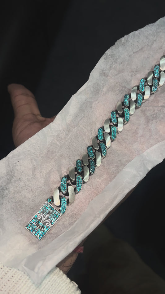 16mm wide, Unique Fleur-De-Lis Blue Iced Cuban Link Bracelet for Men | Dark Oxidized 925 Silver Bracelet