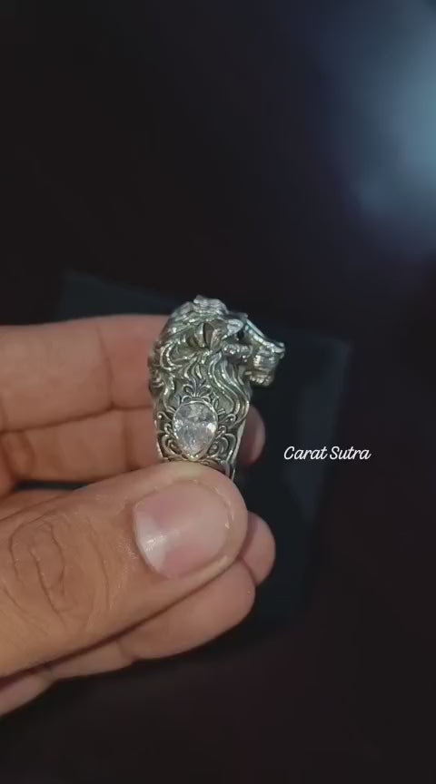 RARE PRINCE by CARAT SUTRA | Unique Designed 3D Lion Face Ring | 925 Sterling Silver Oxidized Ring | Men's Jewelry | With Certificate of Authenticity and 925 Hallmark