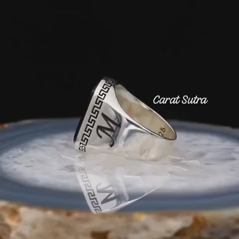 RARE PRINCE by CARAT SUTRA | Unique Turkish Style Personalized Name Initial Ring with Natural Black Onyx | 925 Sterling Silver Oxidized Ring | Men's Jewelry | With Certificate of Authenticity and 925 Hallmark