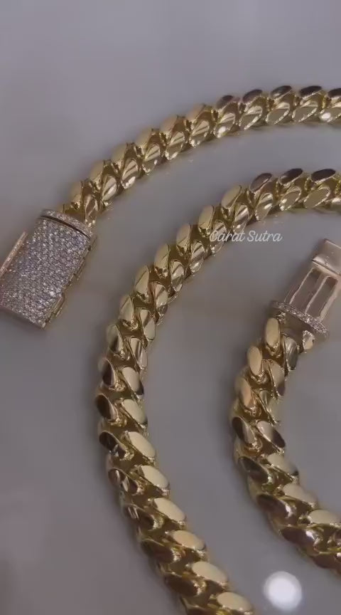 RARE PRINCE by CARAT SUTRA | Solid 16mm Miami Cuban Link Chain with Iced Lock | 22kt Gold Micron Plated on 925 Sterling Silver Chain with AAA+ Quality Swarovski Diamonds | Men's Jewelry | With Certificate of Authenticity and 925 Hallmark
