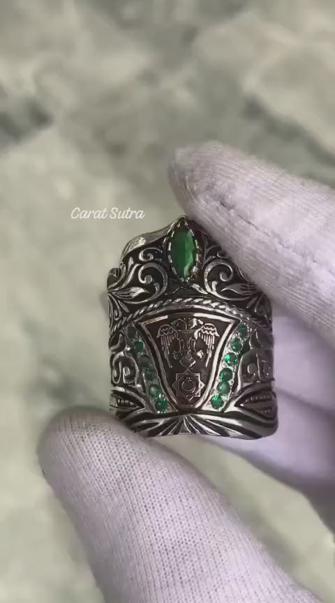 RARE PRINCE by CARAT SUTRA | Unique Turkish Emperor's Style Signet Thumb Ring studded with Emeralds | 925 Sterling Silver Oxidized Ring | Men's Jewelry | With Certificate of Authenticity and 925 Hallmark