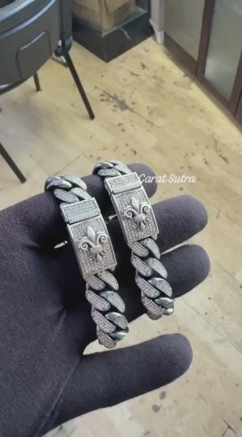 16mm Unique Fleur-De-Lis Iced Cuban Link Bracelet with Black Rhodium | Dark Oxidized 925 Silver Bracelet | With Certificate of Authenticity and 925 Hallmark