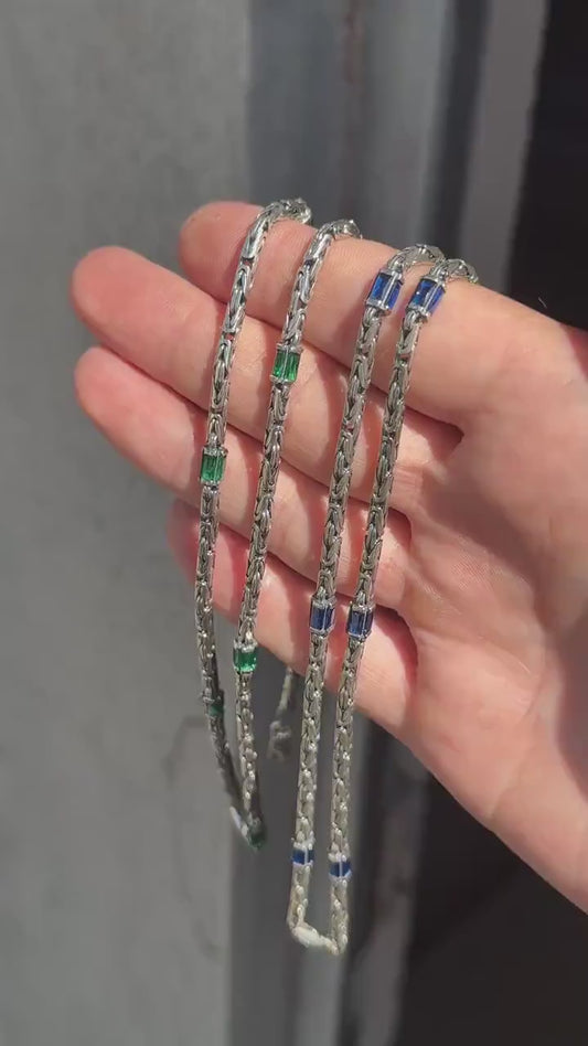 Solid 6mm Byzantine Link Chain, studded with Blue Zircon baguette cut | 925 Sterling Silver Chain