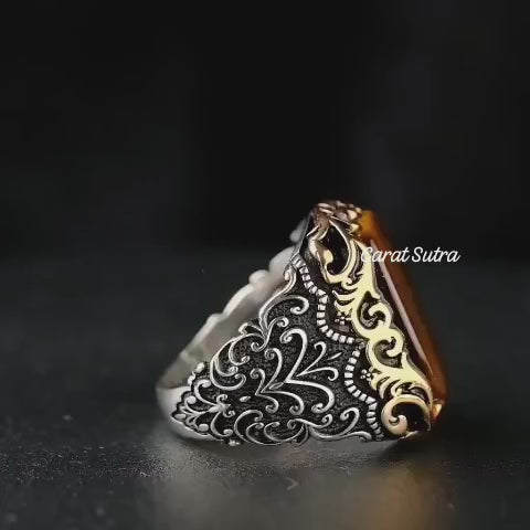 RARE PRINCE by CARAT SUTRA | Unique Designed Turkish Style Ring with Natural Tiger Eye  | 925 Sterling Silver Oxidized Ring | Men's Jewelry | With Certificate of Authenticity and 925 Hallmark