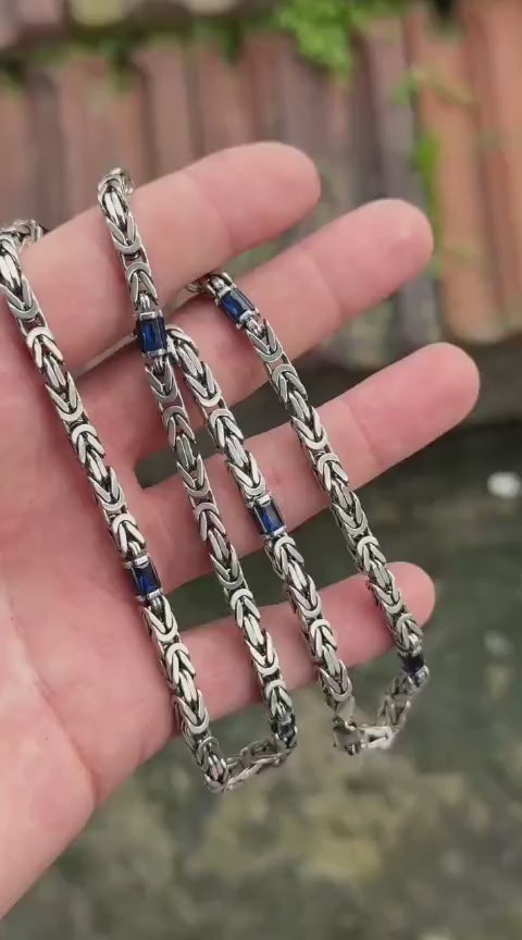 Solid 8mm Byzantine Link Chain, studded with Blue Zircon baguette cut | 925 Sterling Silver Chain | With Certificate of Authenticity and 925 Hallmark