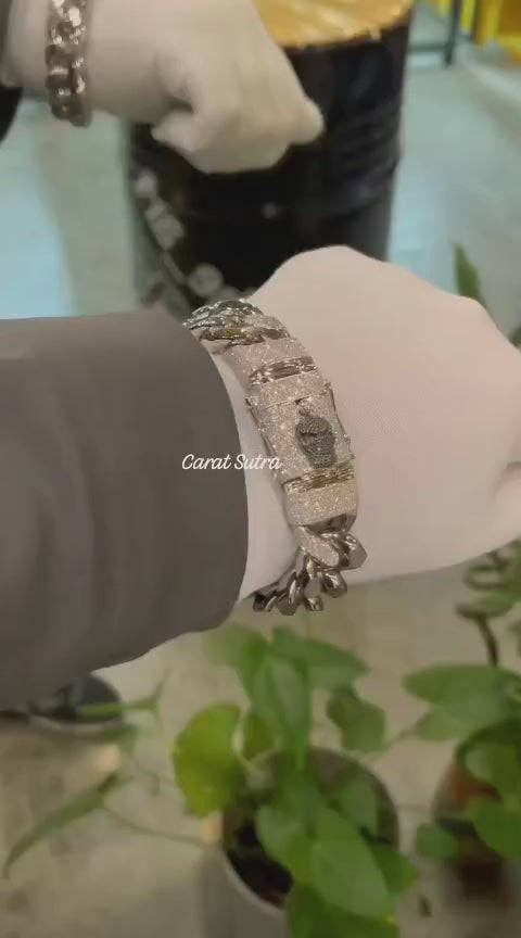 RARE PRINCE by CARAT SUTRA | Unique 16mm High Polished Solid Miami Cuban Bracelet with Iced Skull Lock for Men | 925 Sterling Silver Bracelet | Men's Jewelry | With Certificate of Authenticity and 925 Hallmark