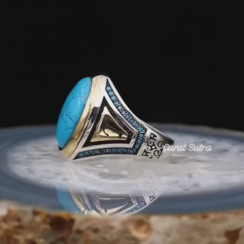 RARE PRINCE by CARAT SUTRA | Unique Designed Turkish Style Ring with Natural Turquoise (Firoza)| 925 Sterling Silver Oxidized Ring | Men's Jewelry | With Certificate of Authenticity and 925 Hallmark