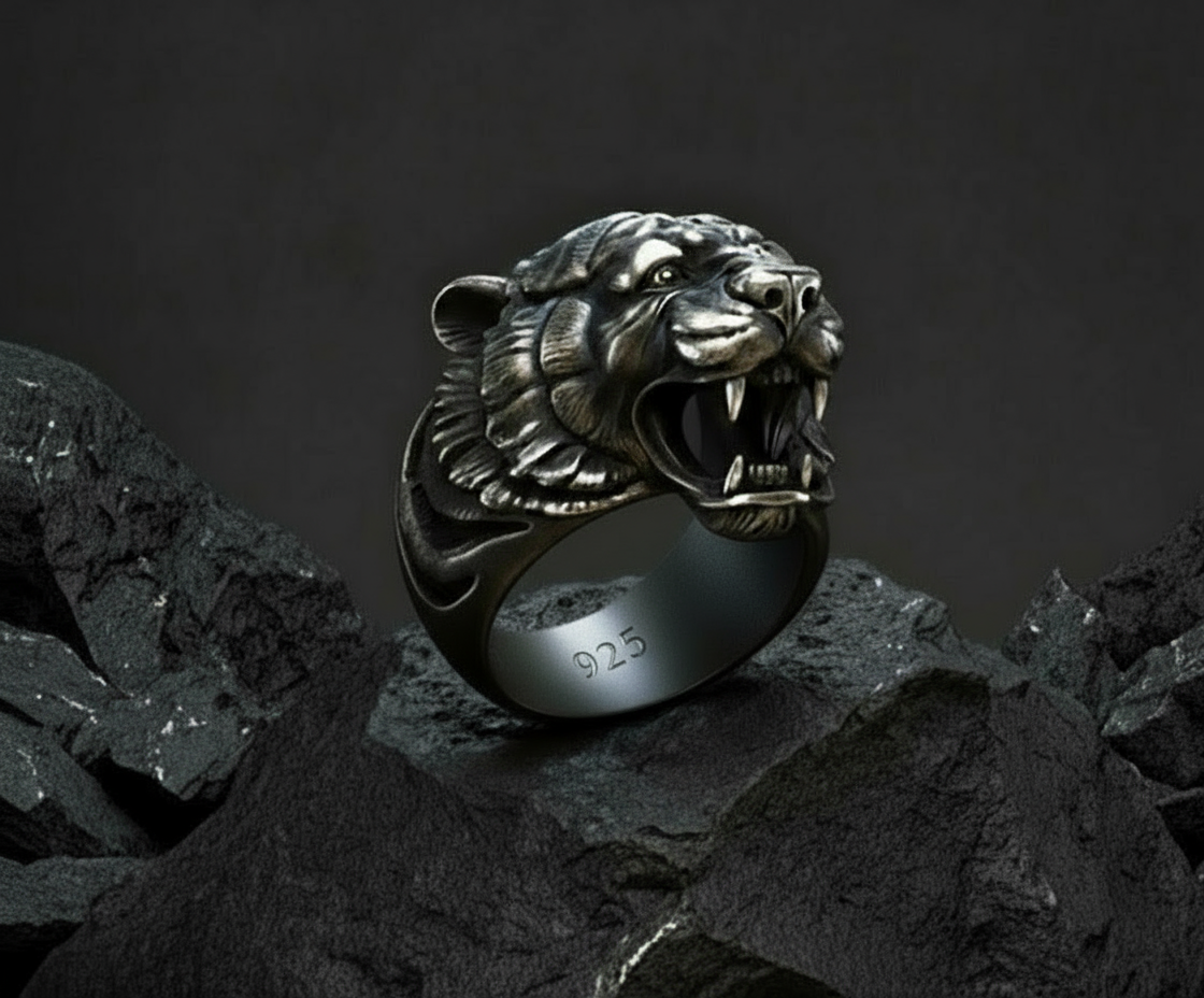 RARE PRINCE by CARAT SUTRA | Unique Designed Tiger Face Ring | 925 Sterling Silver Oxidized Ring | Men's Jewelry | With Certificate of Authenticity and 925 Hallmark - caratsutra