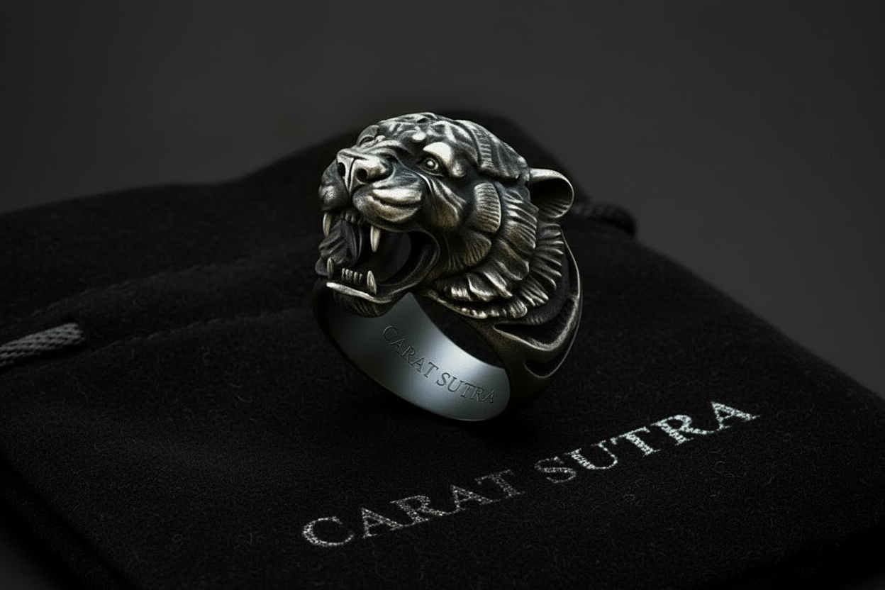 RARE PRINCE by CARAT SUTRA | Unique Designed Tiger Face Ring | 925 Sterling Silver Oxidized Ring | Men's Jewelry | With Certificate of Authenticity and 925 Hallmark - caratsutra