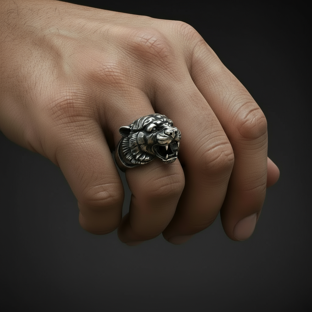 RARE PRINCE by CARAT SUTRA | Unique Designed Tiger Face Ring | 925 Sterling Silver Oxidized Ring | Men's Jewelry | With Certificate of Authenticity and 925 Hallmark - caratsutra