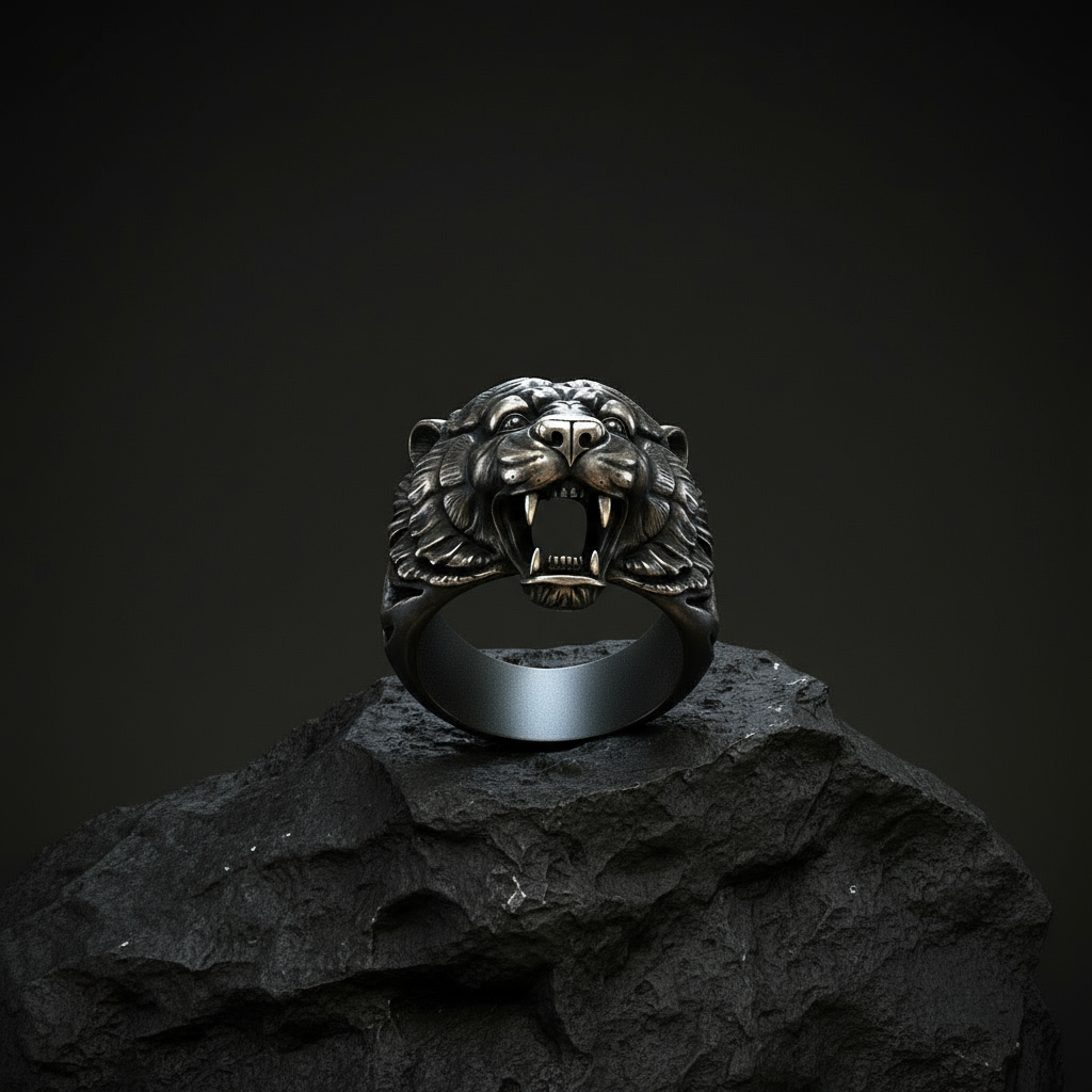 RARE PRINCE by CARAT SUTRA | Unique Designed Tiger Face Ring | 925 Sterling Silver Oxidized Ring | Men's Jewelry | With Certificate of Authenticity and 925 Hallmark - caratsutra