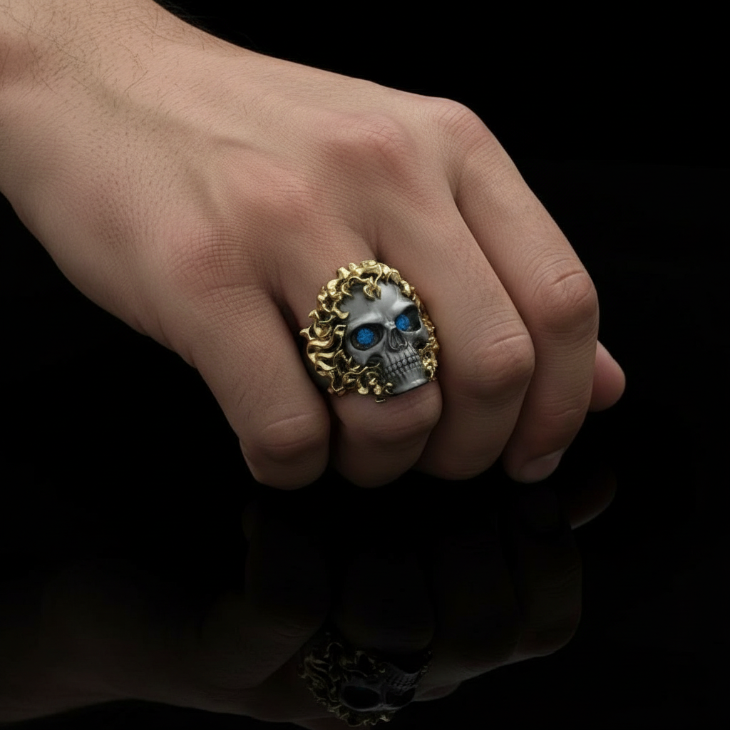 RARE PRINCE by CARAT SUTRA | Unique Designed Burning Head Skull Ring | 925 Sterling Silver Black Rhodium & Gold Plated Ring | Men's Jewelry | With Certificate of Authenticity and 925 Hallmark - caratsutra