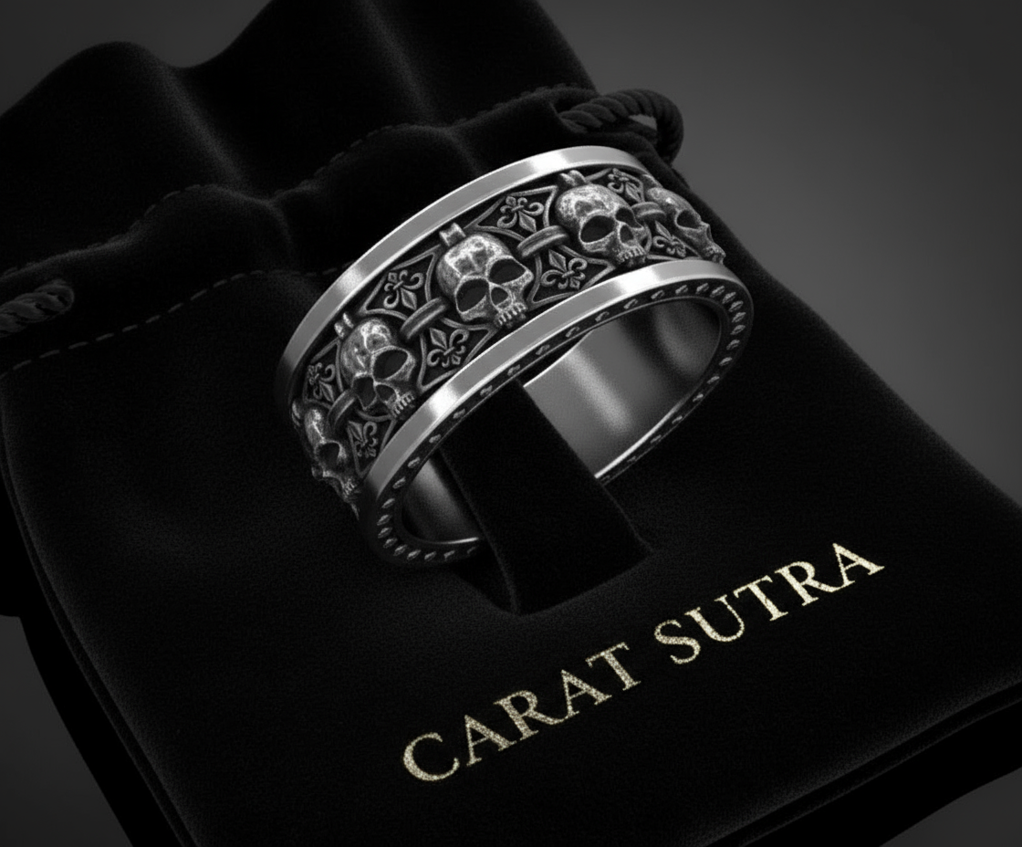 RARE PRINCE by CARAT SUTRA | Unique Designed Band Ring Skull & Fleur De Lis | 925 Sterling Silver Oxidized Ring | Men's Jewelry | With Certificate of Authenticity and 925 Hallmark - caratsutra