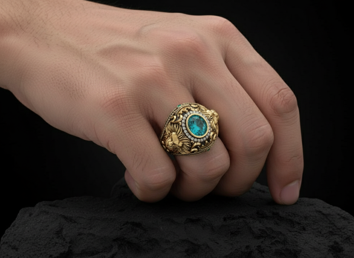 RARE PRINCE by CARAT SUTRA | Unique Designed 22k Gold plated Double Faced Lion Ring with Green Zircon Stone | 925 Sterling Silver Oxidized Ring | Men's Jewelry | With Certificate of Authenticity and 925 Hallmark