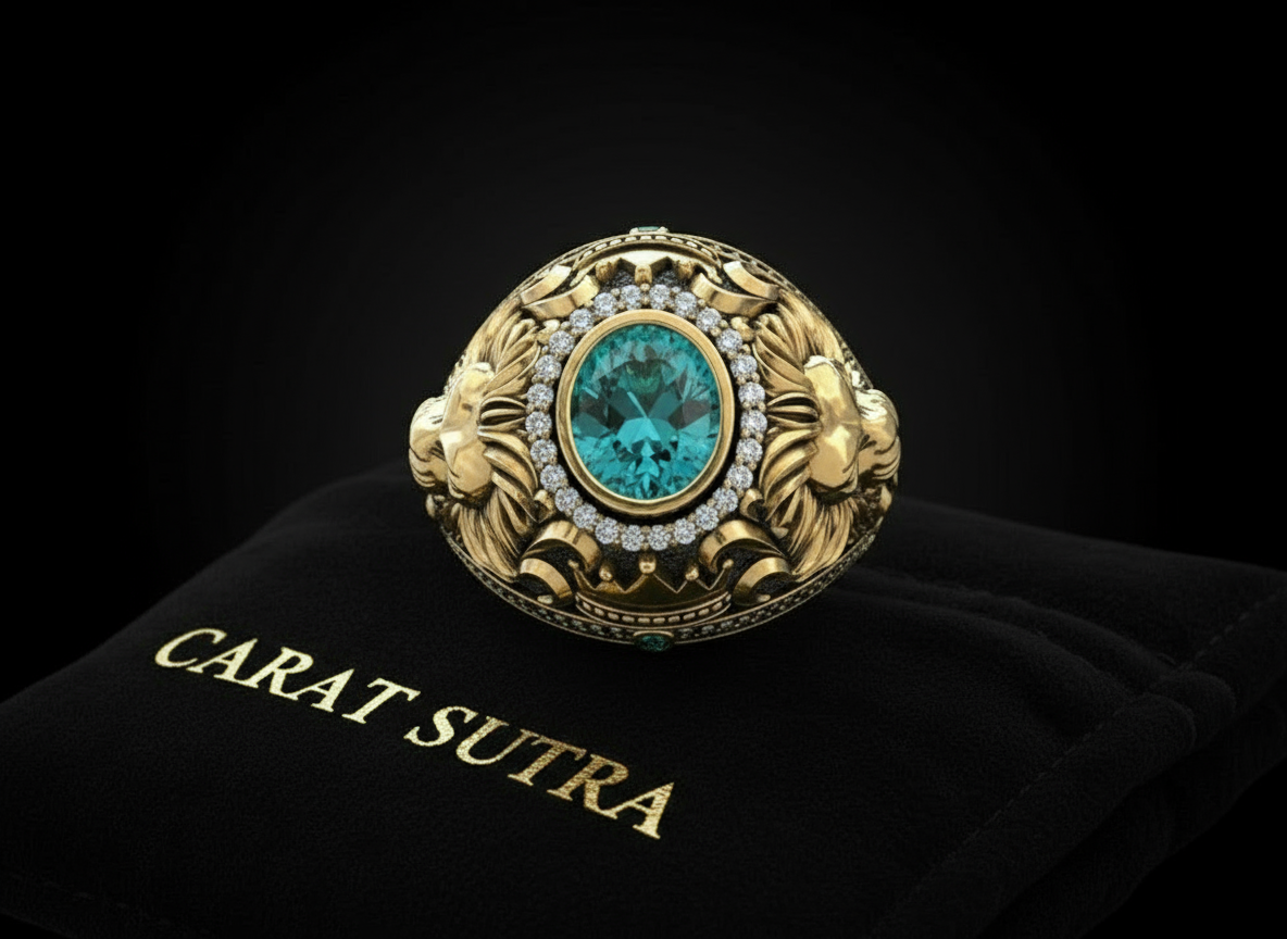 RARE PRINCE by CARAT SUTRA | Unique Designed 22k Gold plated Double Faced Lion Ring with Green Zircon Stone | 925 Sterling Silver Oxidized Ring | Men's Jewelry | With Certificate of Authenticity and 925 Hallmark