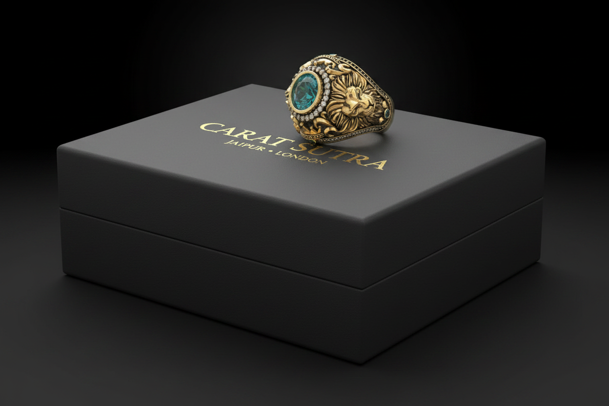 RARE PRINCE by CARAT SUTRA | Unique Designed 22k Gold plated Double Faced Lion Ring with Green Zircon Stone | 925 Sterling Silver Oxidized Ring | Men's Jewelry | With Certificate of Authenticity and 925 Hallmark - caratsutra