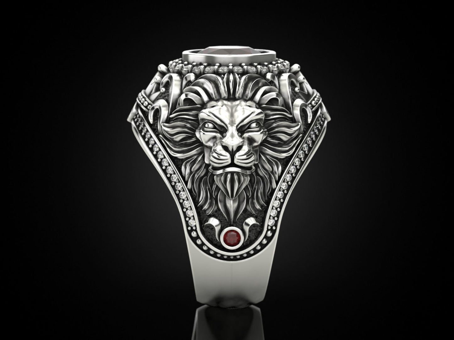 RARE PRINCE by CARAT SUTRA | Unique Designed Double Faced Lion Ring with Red Zircon Stone | 925 Sterling Silver Oxidized Ring | Men's Jewelry | With Certificate of Authenticity and 925 Hallmark