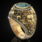 RARE PRINCE by CARAT SUTRA | Unique Designed 22k Gold plated Double Faced Lion Ring with Green Zircon Stone | 925 Sterling Silver Oxidized Ring | Men's Jewelry | With Certificate of Authenticity and 925 Hallmark