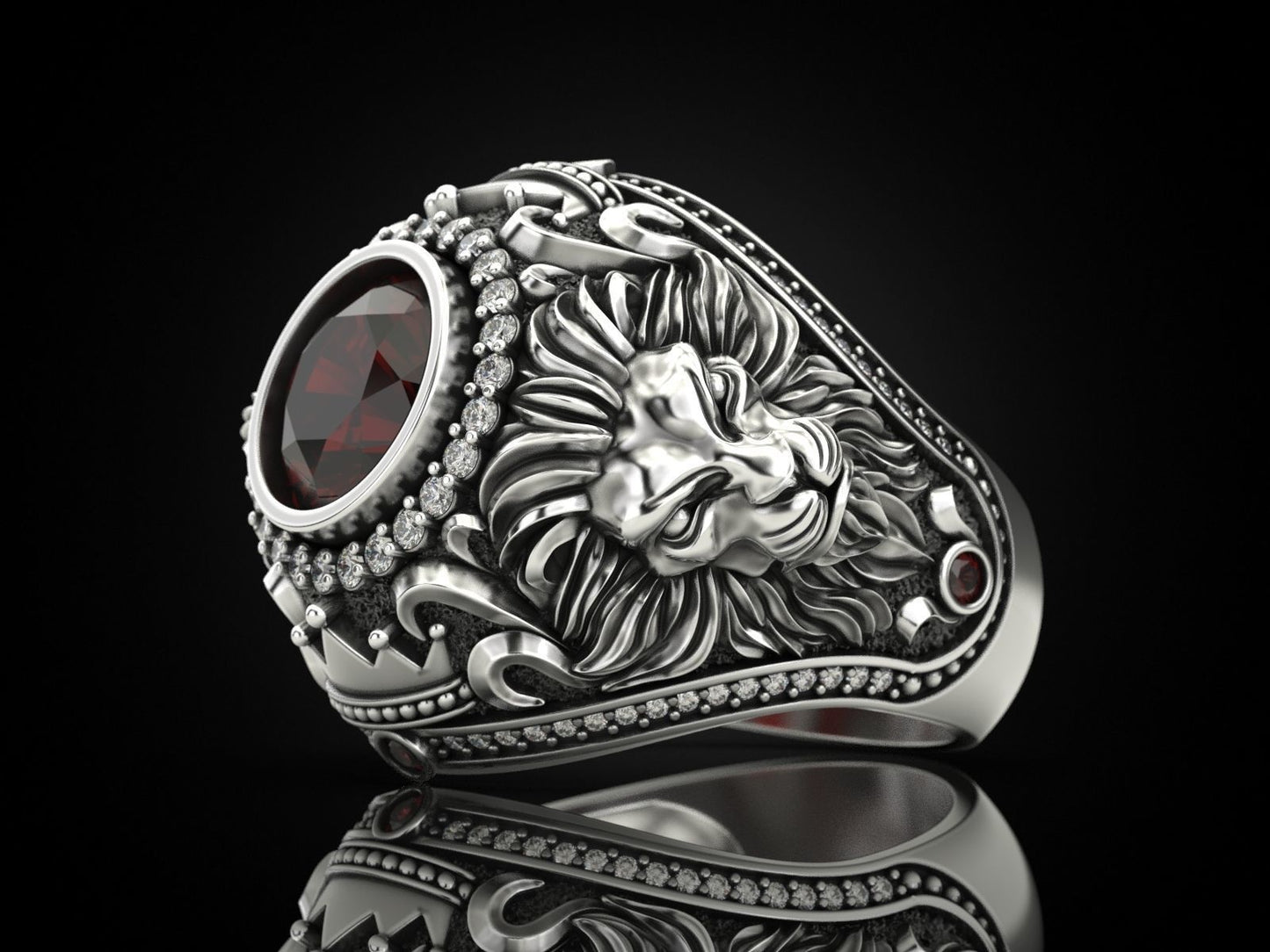 RARE PRINCE by CARAT SUTRA | Unique Designed Double Faced Lion Ring with Red Zircon Stone | 925 Sterling Silver Oxidized Ring | Men's Jewelry | With Certificate of Authenticity and 925 Hallmark