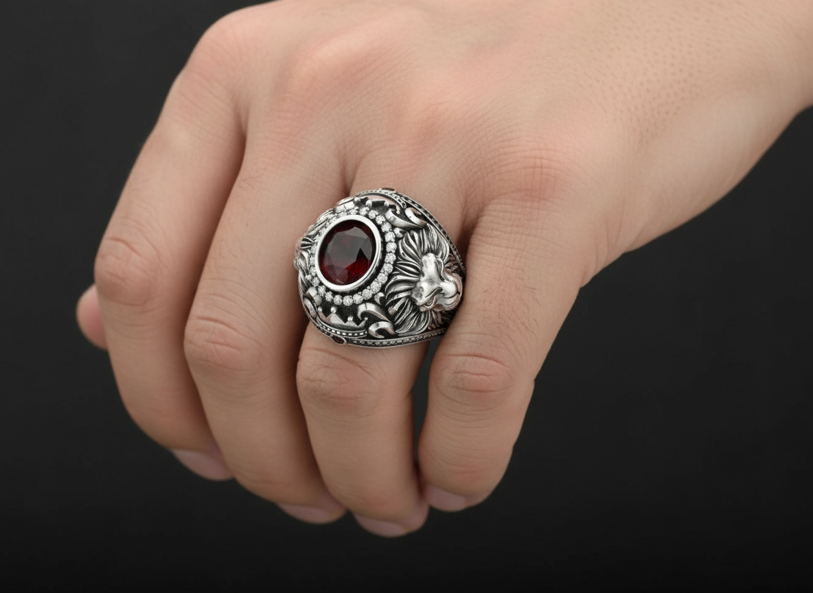 RARE PRINCE by CARAT SUTRA | Unique Designed Double Faced Lion Ring with Red Zircon Stone | 925 Sterling Silver Oxidized Ring | Men's Jewelry | With Certificate of Authenticity and 925 Hallmark