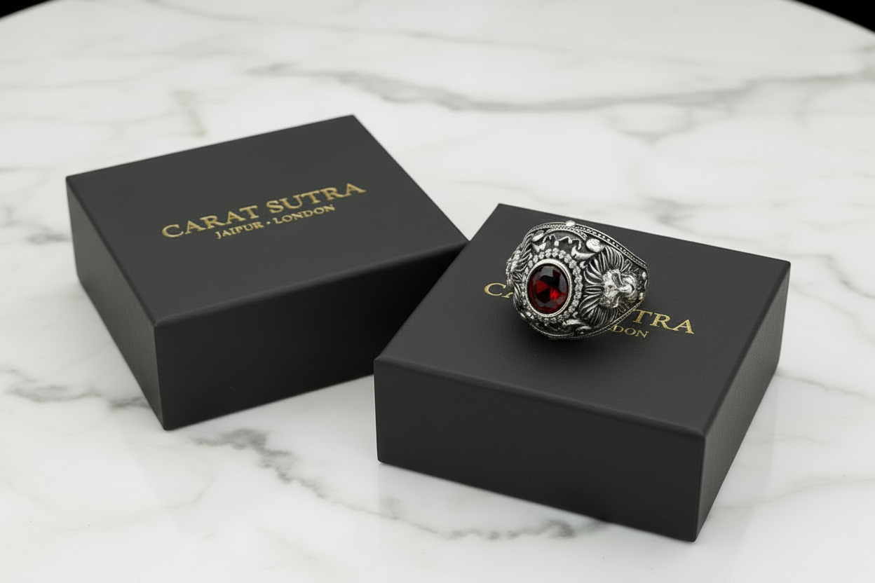 RARE PRINCE by CARAT SUTRA | Unique Designed Double Faced Lion Ring with Red Zircon Stone | 925 Sterling Silver Oxidized Ring | Men's Jewelry | With Certificate of Authenticity and 925 Hallmark - caratsutra