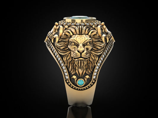 RARE PRINCE by CARAT SUTRA | Unique Designed 22k Gold plated Double Faced Lion Ring with Green Zircon Stone | 925 Sterling Silver Oxidized Ring | Men's Jewelry | With Certificate of Authenticity and 925 Hallmark